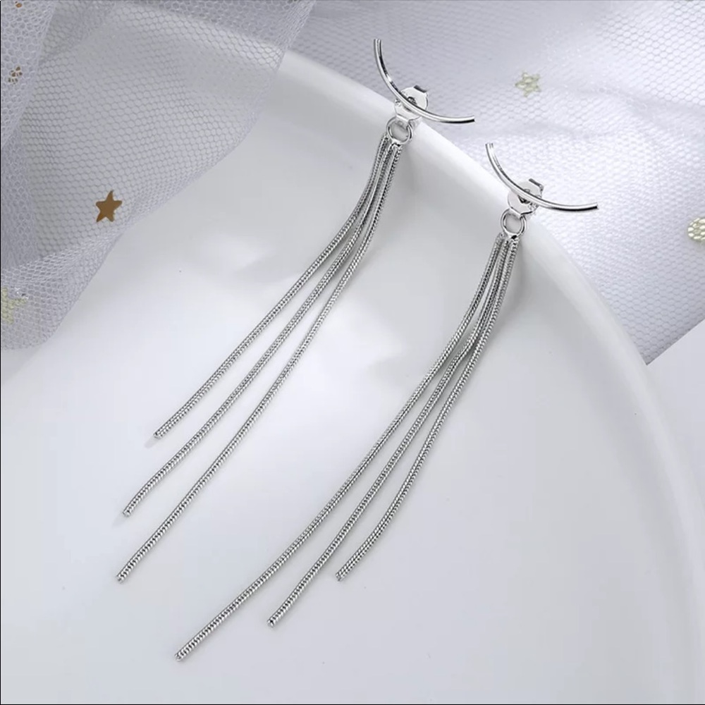 Bar Long Thread Tassel Drop Earrings - Picture 2 of 4